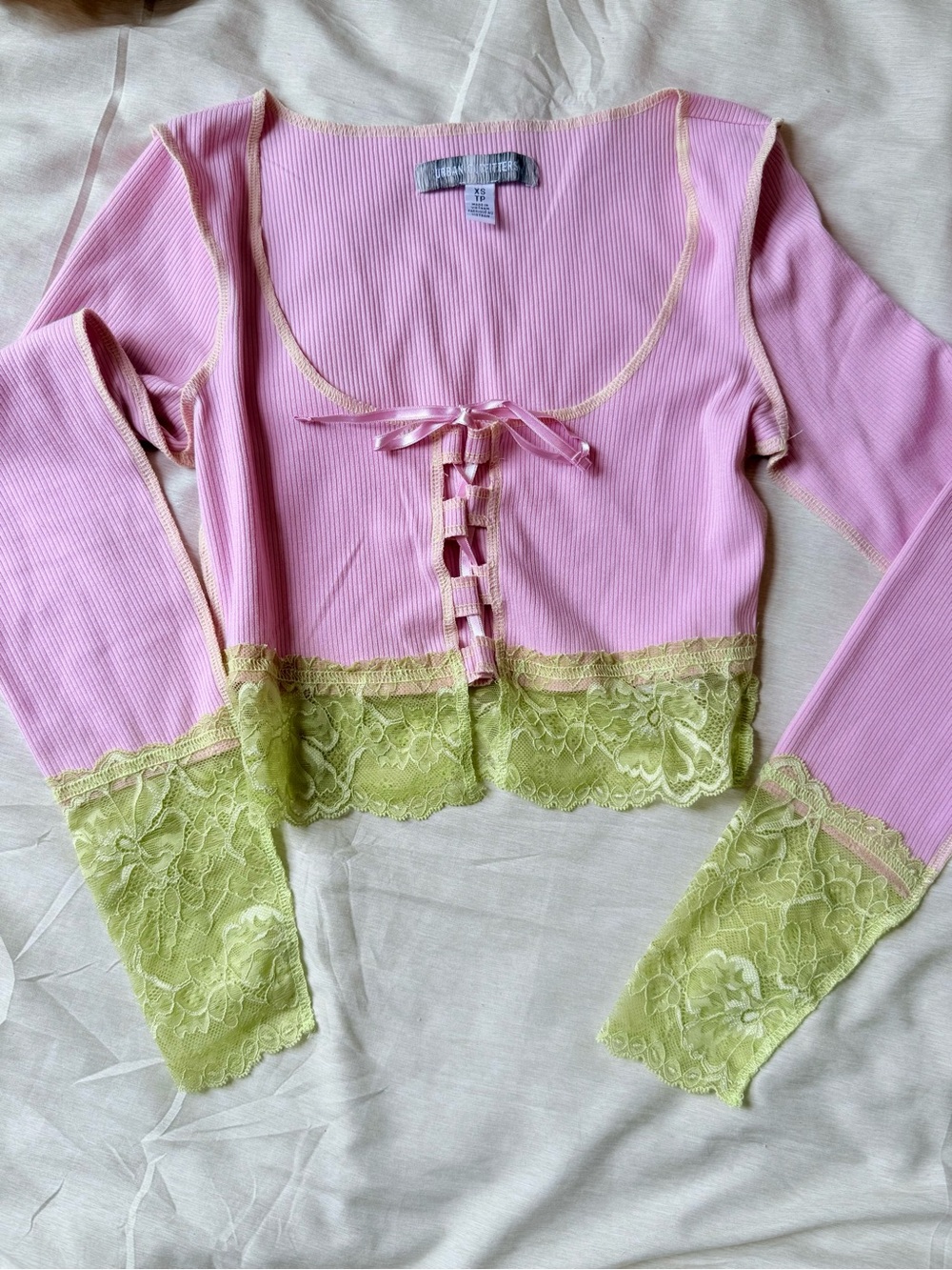 Urban Outfitters Pink Ribbed Lace-Trim Cropped Top with Green Lace Accents